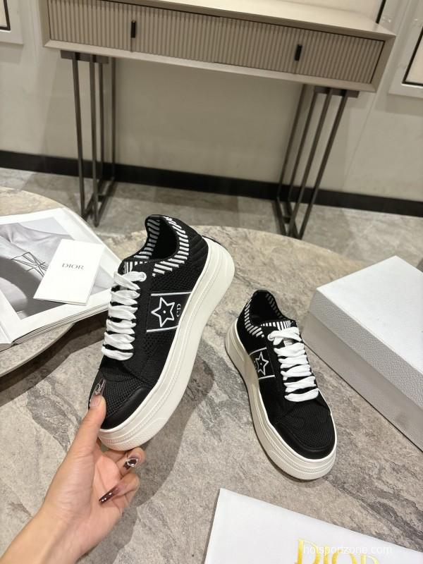 2025 Women Dior Black White Knit Leather Platform Sneakers KFY00330