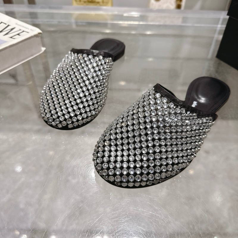 2025 Slippers Alexander Wang Black Crystal Mesh Leather Slippers LY00310