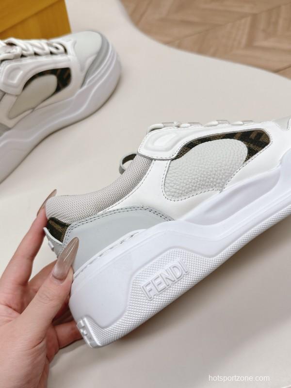 2025 Unisex Fendi White Grey Mesh Leather Sneakers LY00360(F)/LY00370(M)