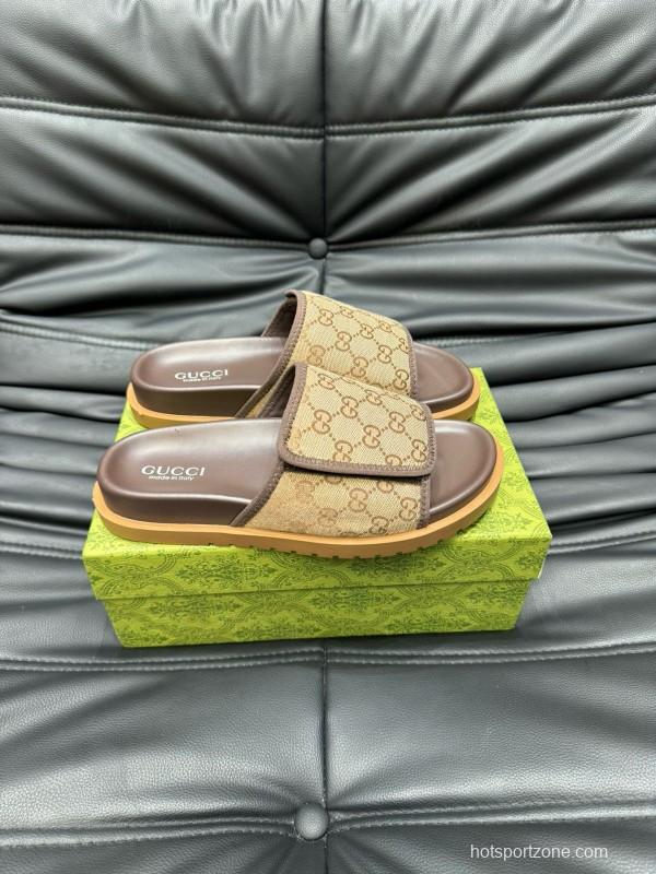 2024 Slippers Gucci Brown Canvas Leather Slippers MJ00200