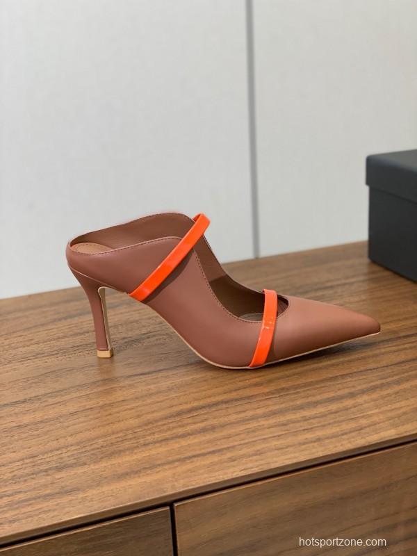 2025 Women Malone Souliers Brown Orange Leather Patent Leather Mid Heel Pumps