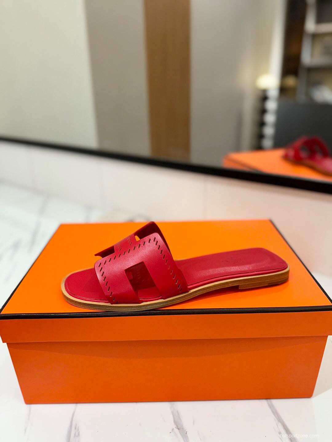 2025 Women Hermès Red Leather Slippers KFY00260