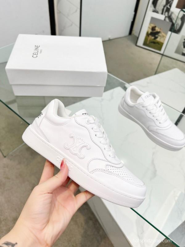 2025 Women Celine White Leather Sneakers Block Triomphe KFY00260