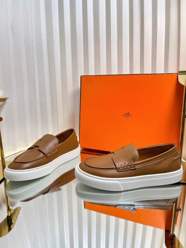 2025 Unisex Hermès Brown Leather Fabric Loafers Slip-On LY00310(F)/LY00320(M)