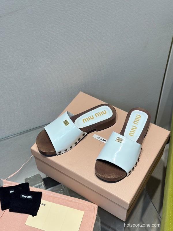 2025 Women Miumiu White Leather Slippers