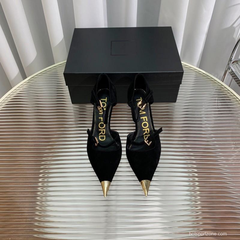 2025 Women TOM FORD Black Gold Suede Leather Pointed Pumps KFY00320