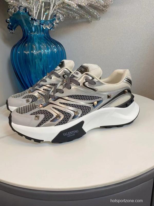 2024 Unisex Valentino White Black Grey Mesh Leather Sneakers MJ00410