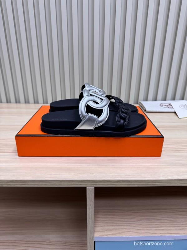 2025 Slippers Hermès Silver Black Leather Chain Decoration