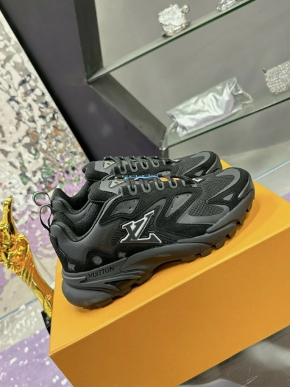 2025 Men Louis Vuitton Black Mesh Leather Sneakers MJ00420