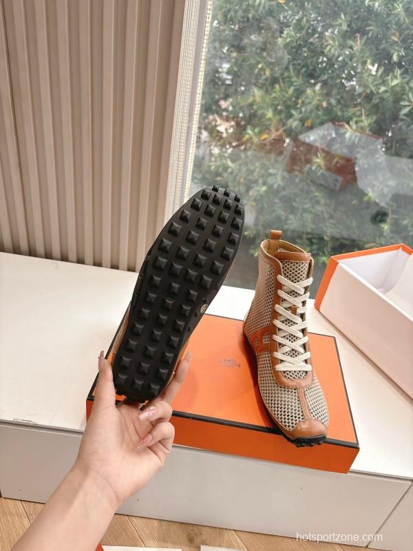 2025 Women Hermès Beige Brown Leather Mesh Boots