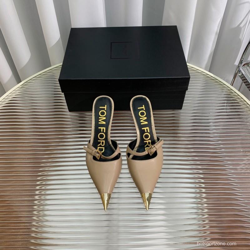 2025 Women TOM FORD Beige Gold Leather Pointed Toe Mules KFY00300