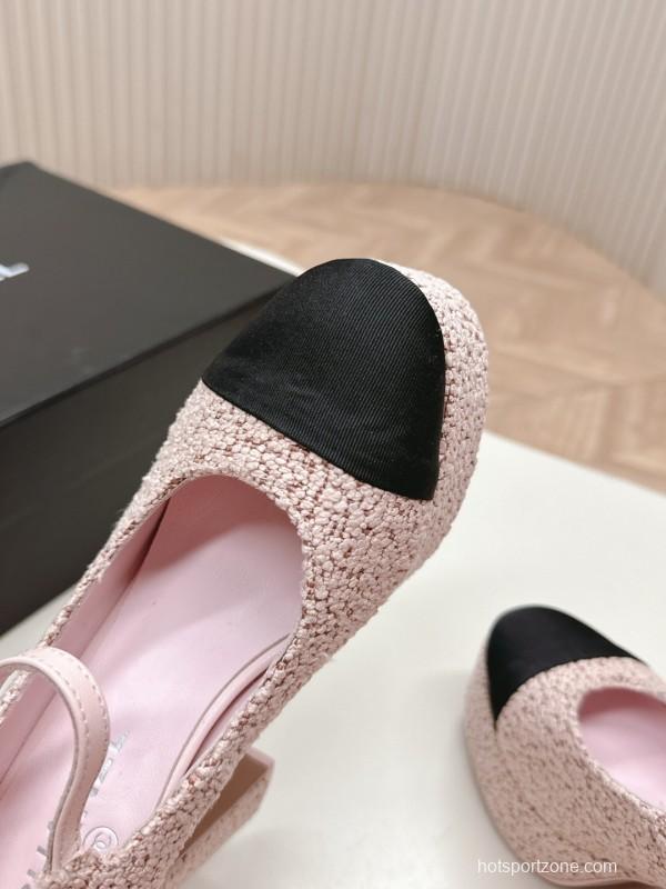2025 Women Chanel Pink Black Wool Platform Mary Jane KFY00330