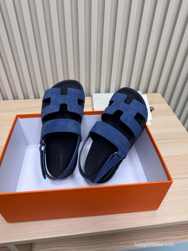 2025 Women Hermès Navy Suede Leather Sandals