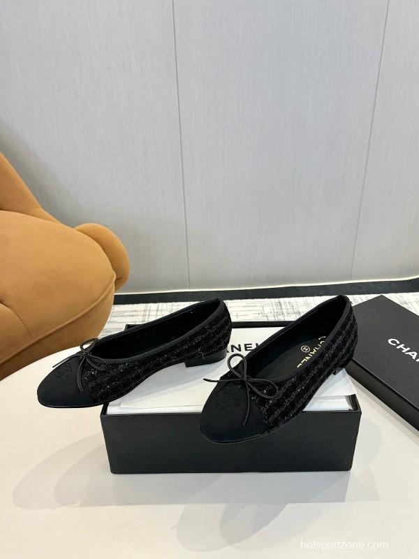 2025 Women Chanel Black Wool Ballet Flats LY00250