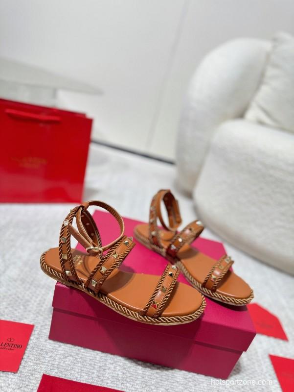 2025 Women Valentino Brown Leather Sandals Braided Craftsmanship LY00250