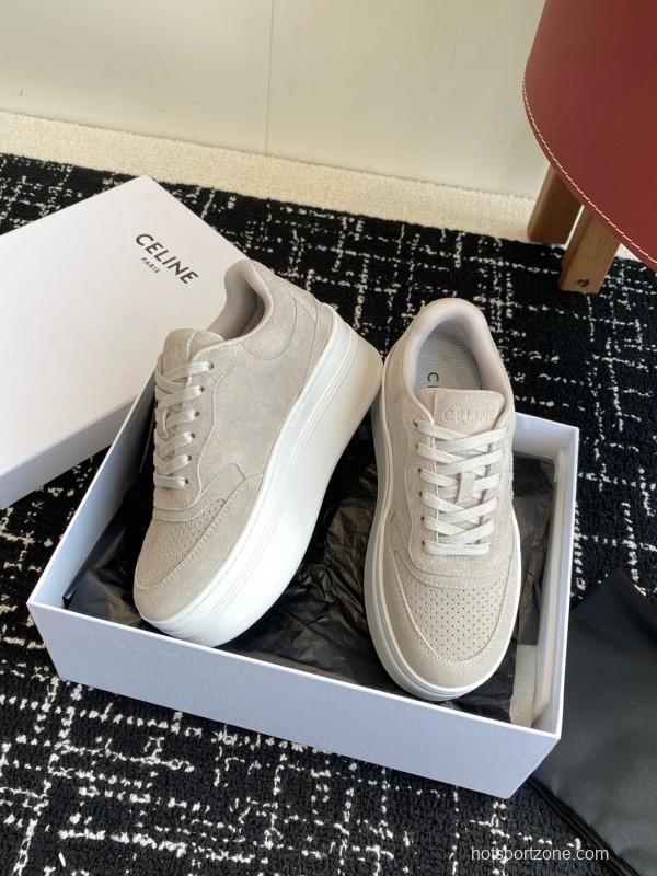 2025 Women Celine Beige Suede Platform Sneakers CELINE Embroidery