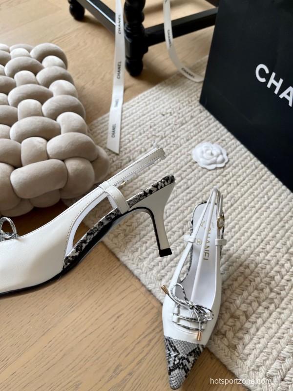 2025 Women Chanel White Black Python Leather Slingback Heels