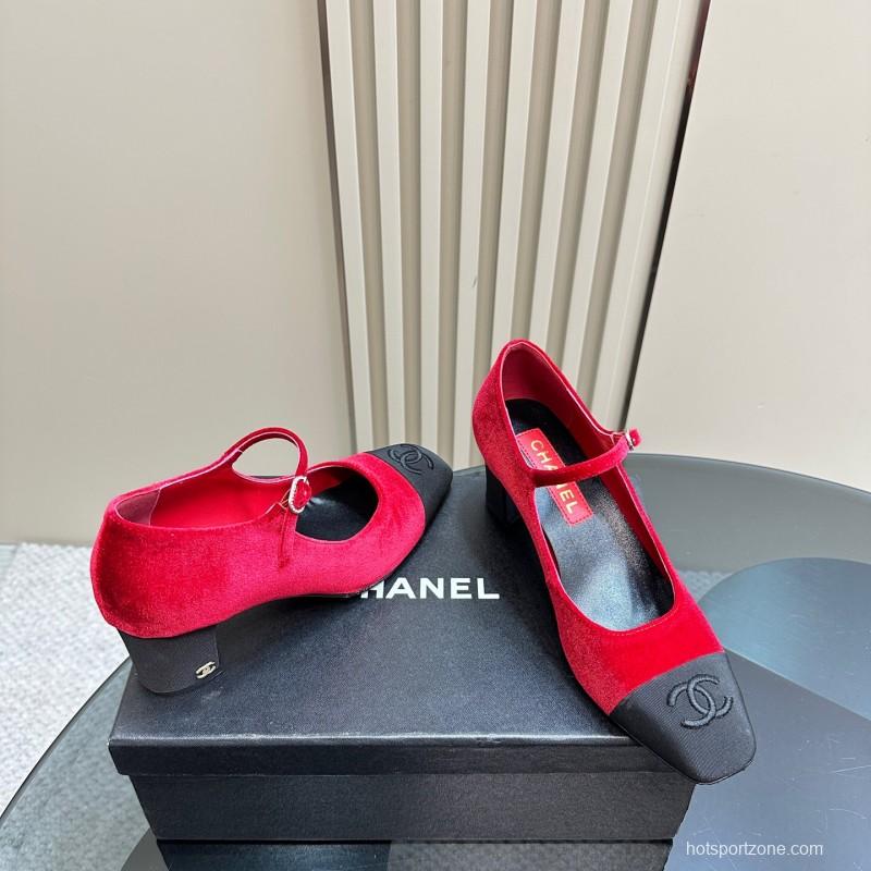 2025 Women Chanel Red Black Suede Leather Mary Jane Logo KFY00290