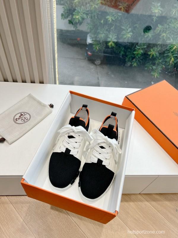 2024 Unisex Hermès Black White Orange Calf Leather Suede Knit Sneakers MJ00290