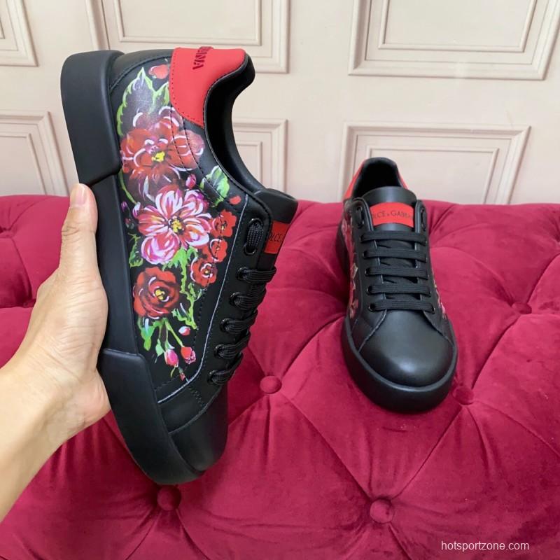 2025 Women Dolce & Gabbana Black Red Leather Sneakers Floral LY00300