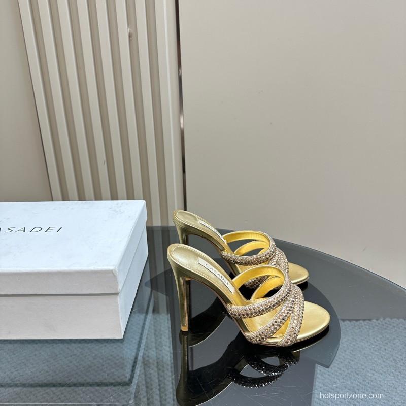 2025 Women Casadei Gold Glitter Leather High Heel Sandals
