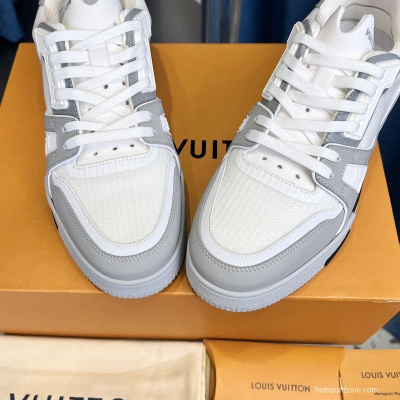 2025 Unisex Louis Vuitton White Grey Leather Mesh LV Trainer