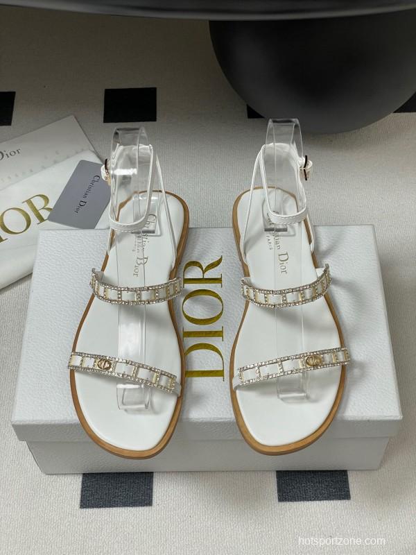 2025 Women Dior White Leather Flat Sandals Crystal Embellishment