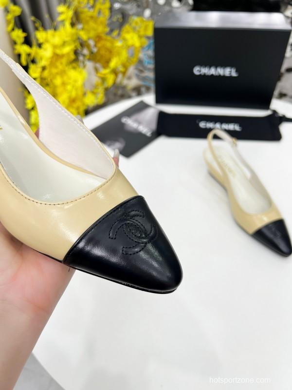 2025 Women Chanel Apricot Black Leather Slingback Flats