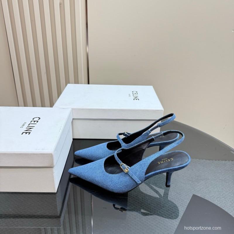2025 Women CELINE Blue Denim Suede Slingback Pumps KFY00290