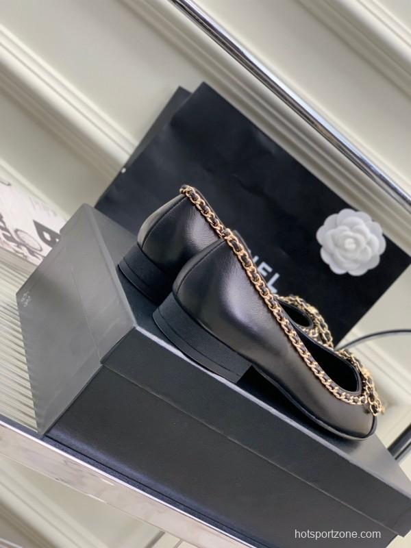 2025 Women Chanel Black Gold Leather Ballet Flats