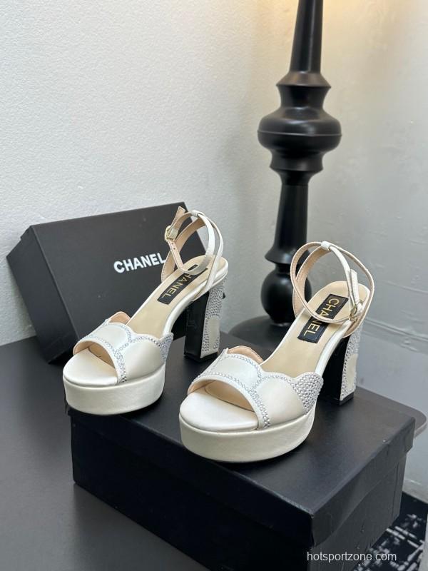 2025 Women Chanel White Leather Platform Sandals Beaded LY00320
