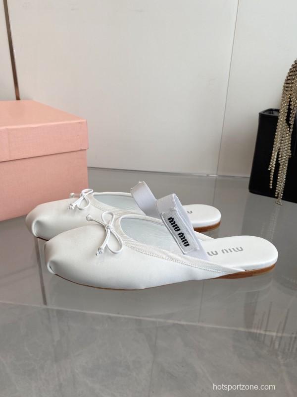 2025 Women Miumiu White Satin Ballet Flats Elastic Band KFY00280