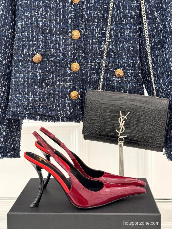2025 Women Yves Saint Laurent Burgundy Patent Leather Slingback Heels
