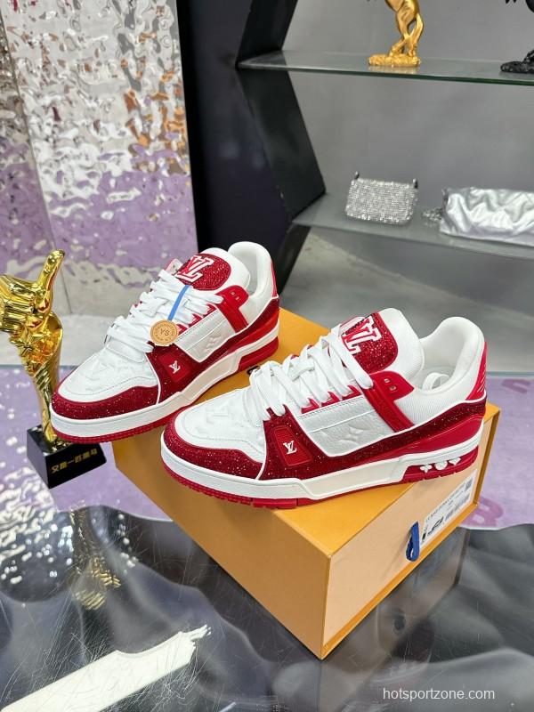 2025 Unisex Louis Vuitton Red White Leather Fabric Plimsolls Handmade Rhinestone AS00400
