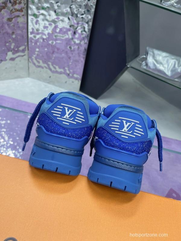 2025 Women Louis Vuitton Blue Crystal Trainer Original Custom Bing Bing Luxury Crystal Rhinestone High Temperature Hot Pressing TPU Sole AS00420