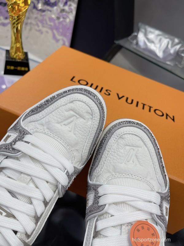 2025 Unisex Louis Vuitton White Silver Leather Fabric Plimsolls Handcrafted Crystals AS00400
