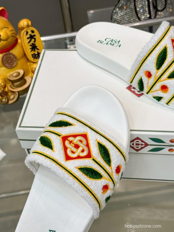 2025 Men CASA BLANCA White Green Red Embroidered Leather Slippers KFY00160