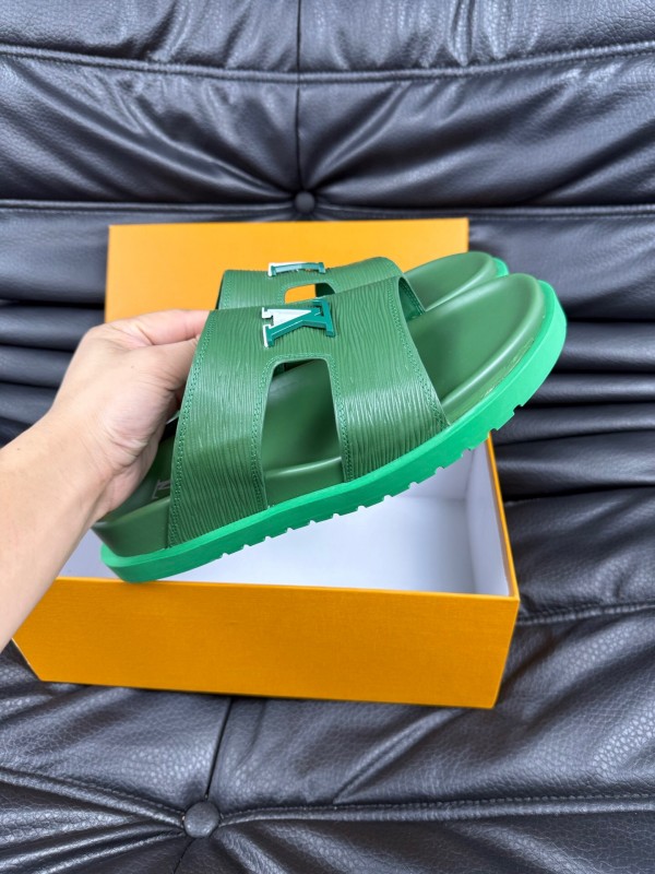 2025 Men Louis Vuitton Green Leather Slippers AS00170