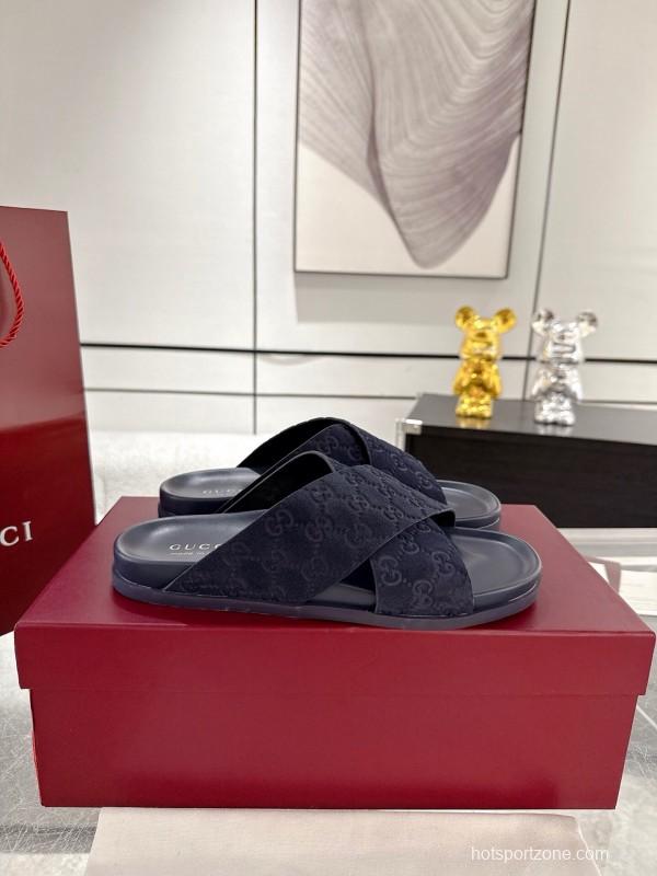 2025 Unisex Gucci Navy Fabric Slippers Double G Embossed AS00240