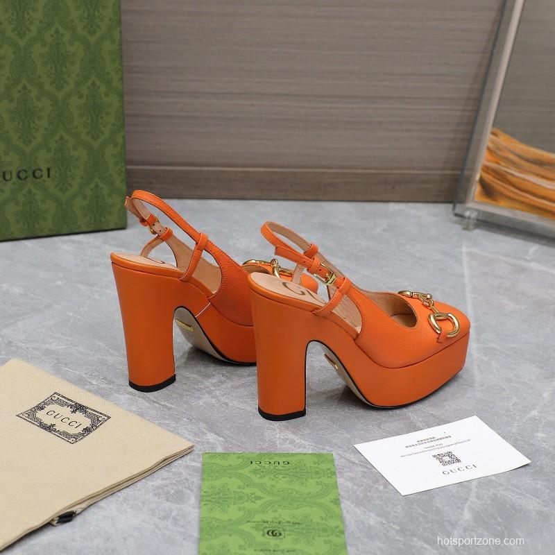 2025 Women Gucci Orange Leather Platform High Heels KFY00320