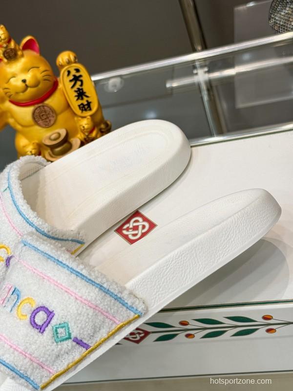 2025 Unisex CASA BLANCA White Fabric Slippers Embroidery KFY00160