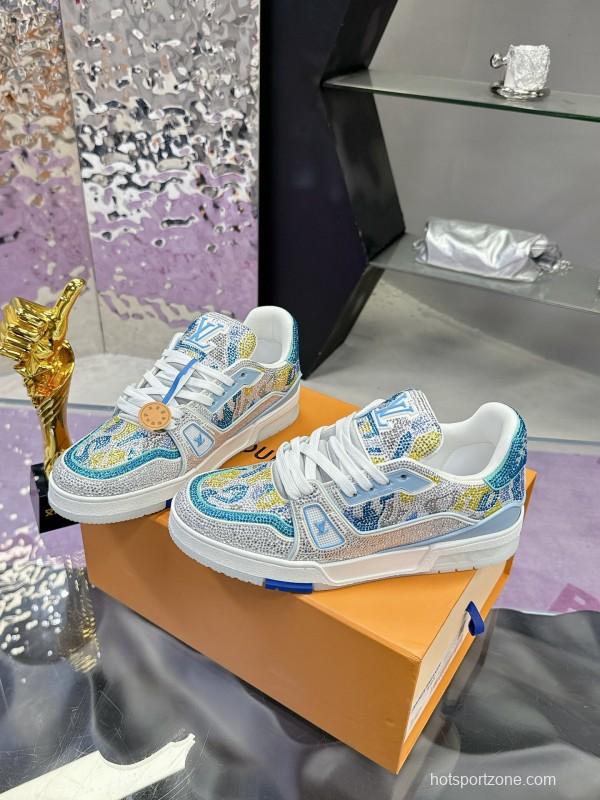 2025 Unisex Louis Vuitton Blue Yellow White Leather Denim Plimsolls Handcrafted Rhinestone AS00400