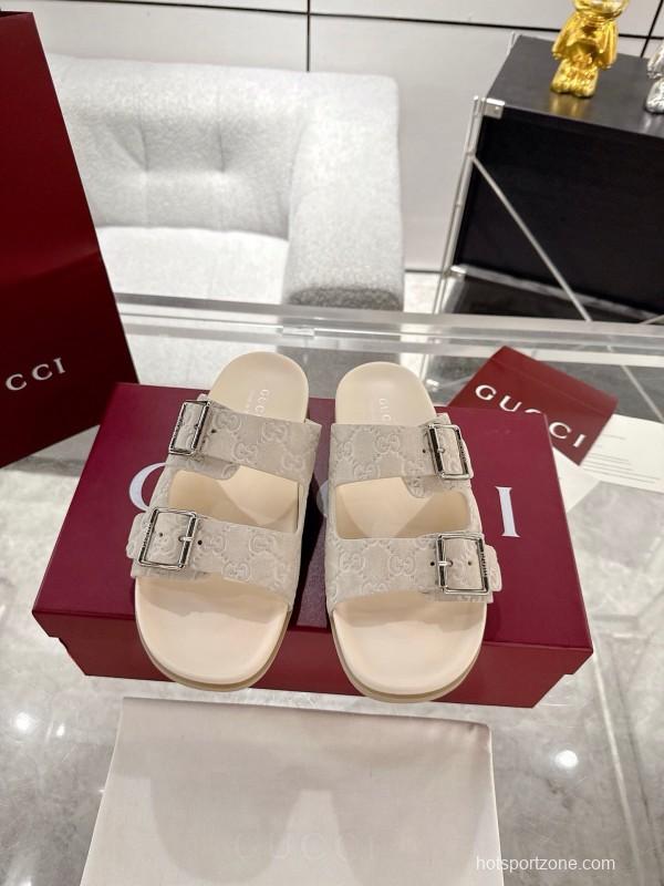 2025 Women Gucci White Leather Slippers Double G Embossed AS00240