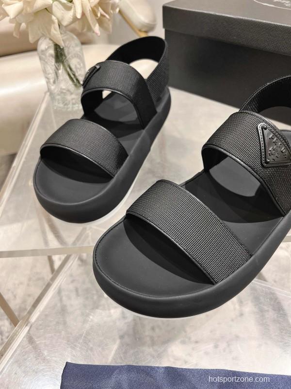 2025 Men Prada Black Leather Sandals KFY00220
