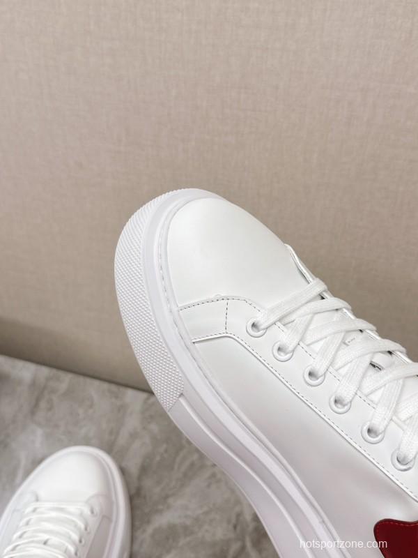 2025 Unisex Prada White Red Calf Leather Sneakers KFY00290