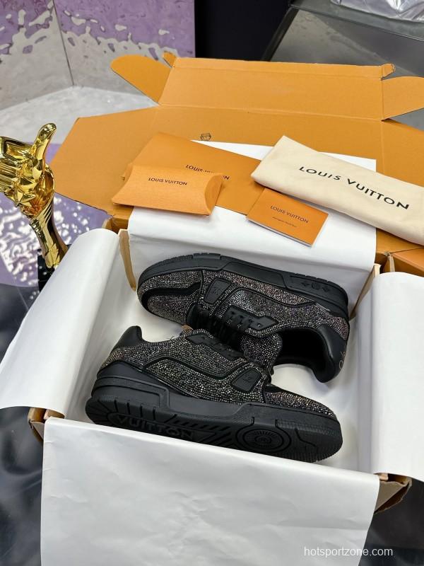 2025 Unisex Louis Vuitton Black Handmade Rhinestone Leather Fabric Plimsolls LV Trainer AS00400
