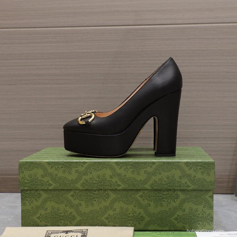 2025 Women Gucci Black Sheep Leather Platform Pumps KFY00320