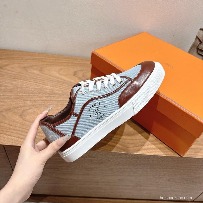 2025 Unisex H Brown Blue Leather Knit Sneakers AS00380