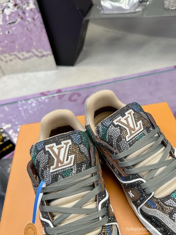 2025 Unisex Louis Vuitton Blue Grey Black Leather Fabric Sneakers Handcrafted Crystals AS00400