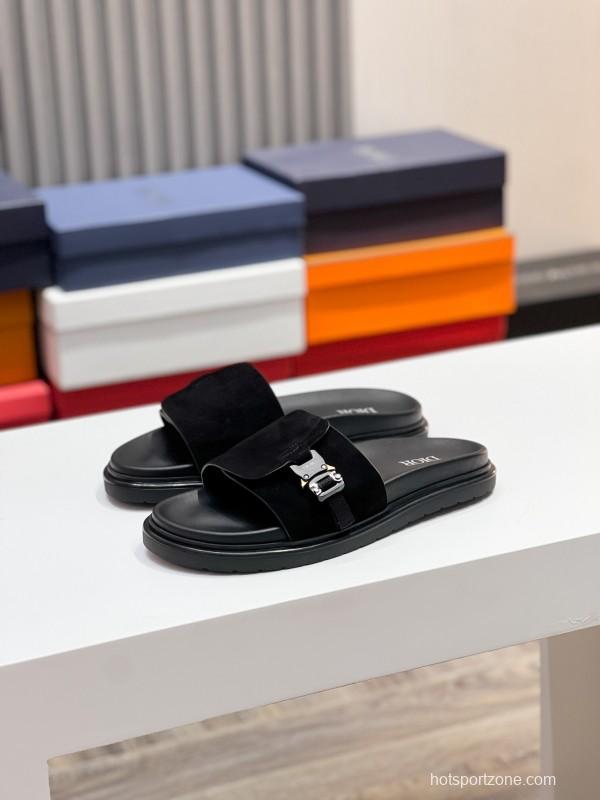 2025 Men Dior Black Leather Slippers CD Diamond Top Version AS00190